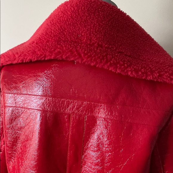 Fleece Lined Shiny Pleather Women's Red Faux Shearling Jacket - Picture 7 of 16